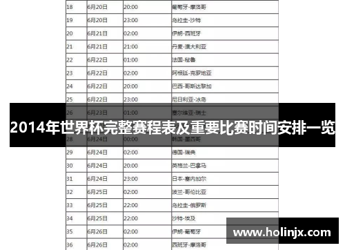 2014年世界杯完整赛程表及重要比赛时间安排一览