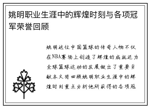 姚明职业生涯中的辉煌时刻与各项冠军荣誉回顾